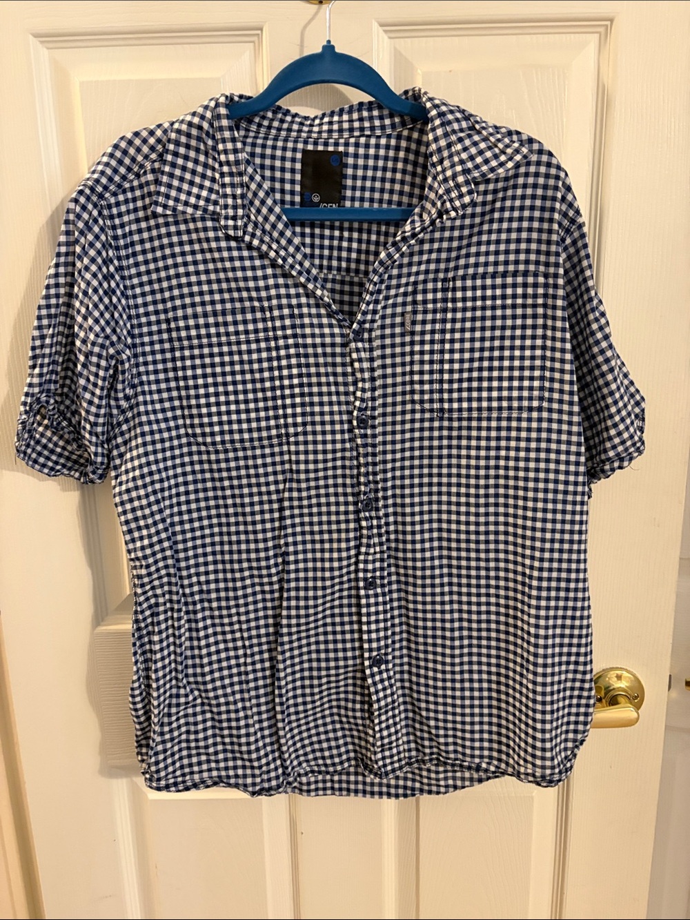 Men’s Blue and White Gingham Button-Up Shirt size L
